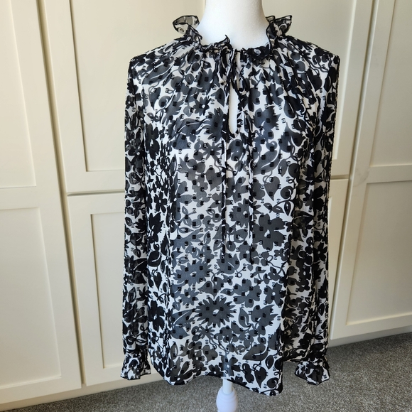 Boden Tops - Boden Maddie Floral Top Black White Sheer Long Sleeve Ruffled Neck Tie Size 6